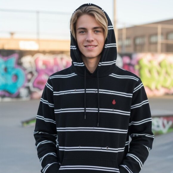 VOLCOM Distressed Black Striped Hoodie Boys L 12 Pullover Grunge Skate Top Shirt - Picture 15 of 15